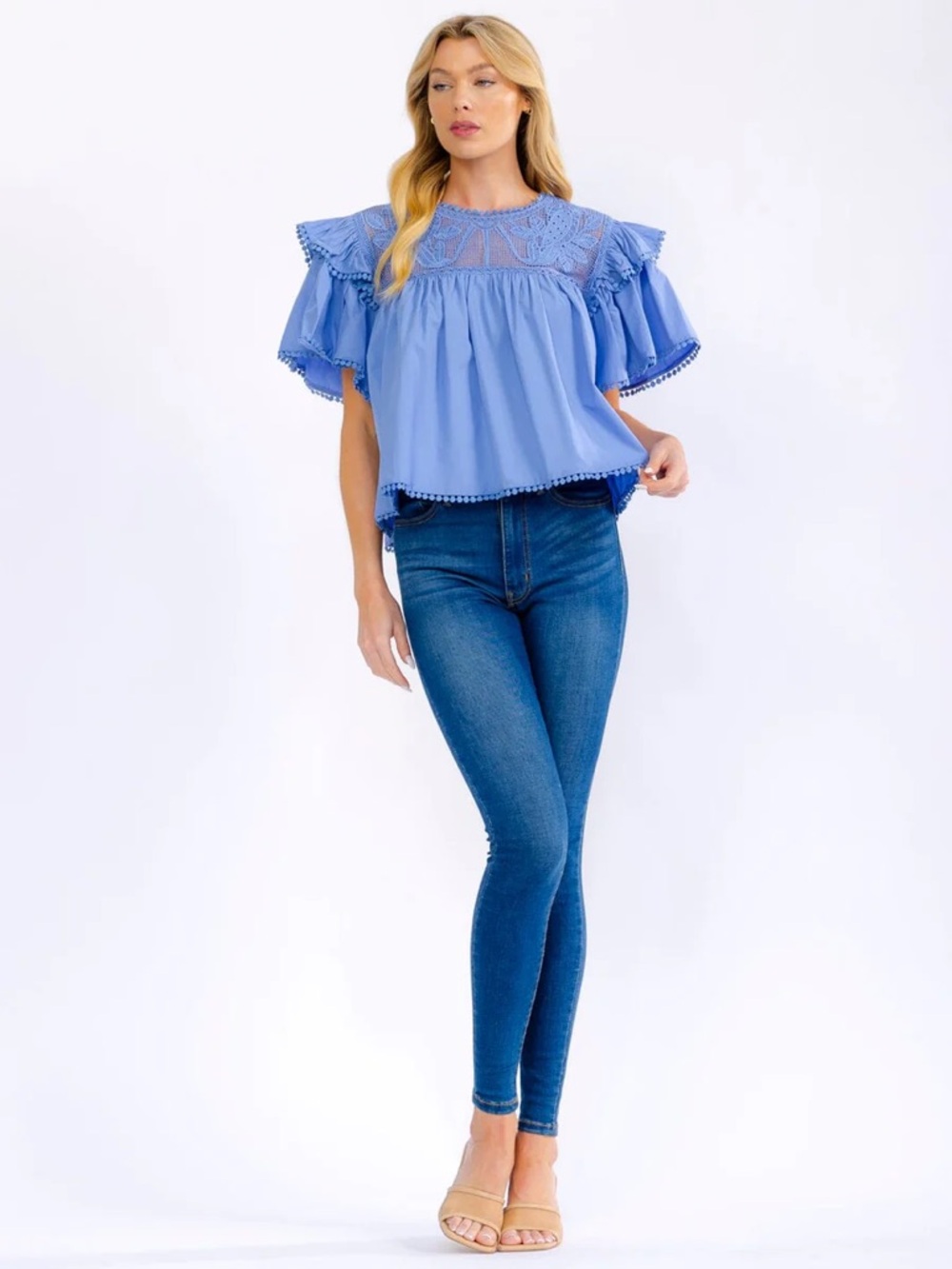 161 • Bird Embroidery Blue Lace Yoke Flutter Sleeve Top